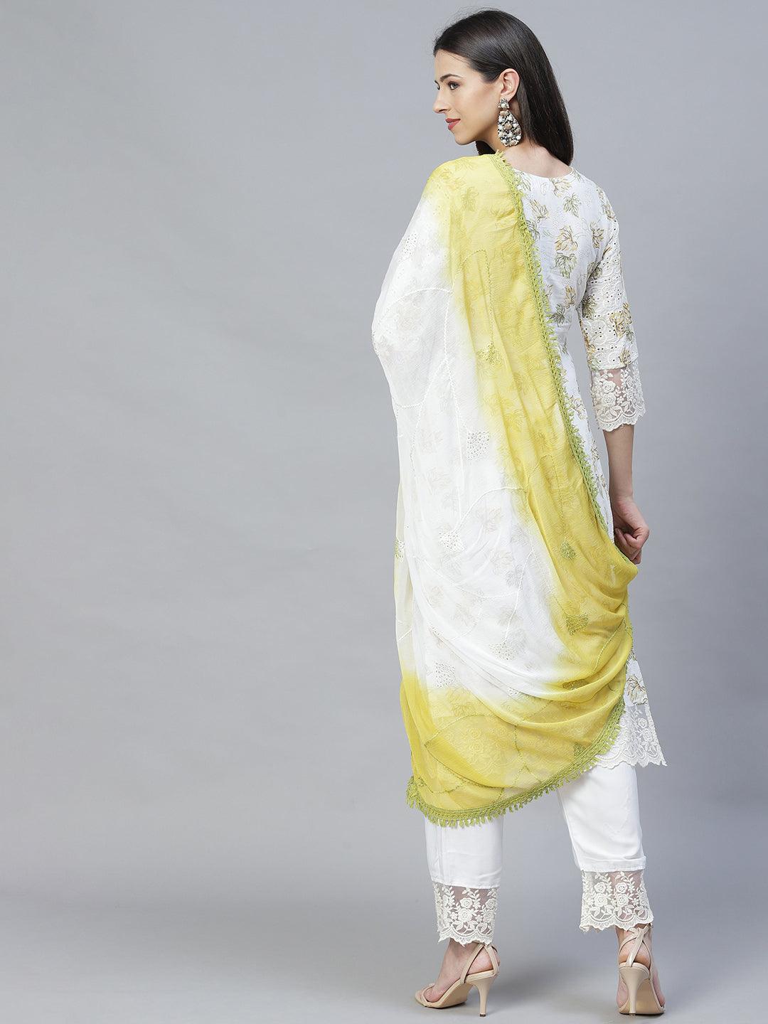 Floral Printed & Embroidered Straight Kurta with Pants & Dupatta - Off White - Indiakreations