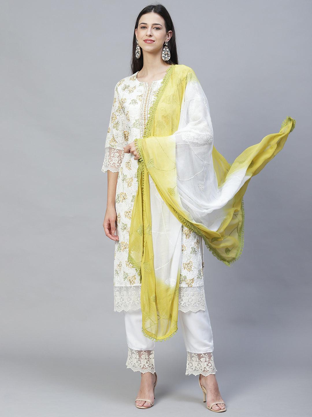 Floral Printed & Embroidered Straight Kurta with Pants & Dupatta - Off White - Indiakreations