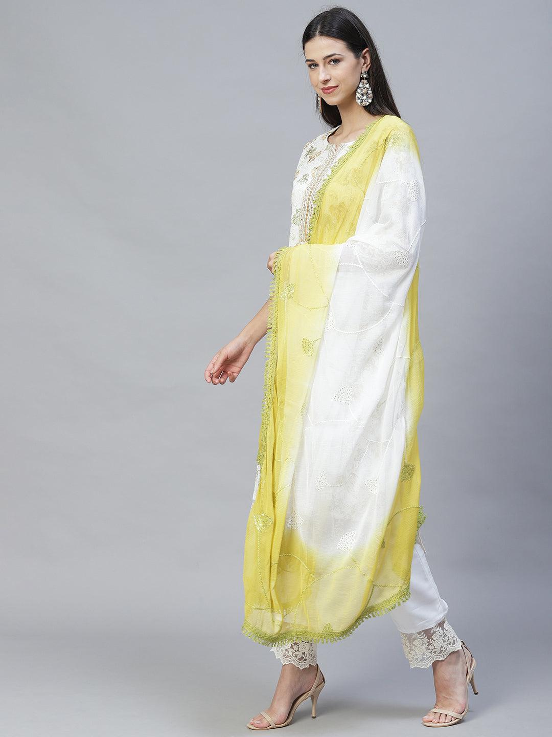 Floral Printed & Embroidered Straight Kurta with Pants & Dupatta - Off White - Indiakreations