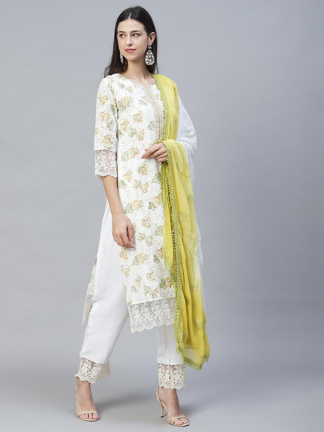 Floral Printed & Embroidered Straight Kurta with Pants & Dupatta - Off White - Indiakreations