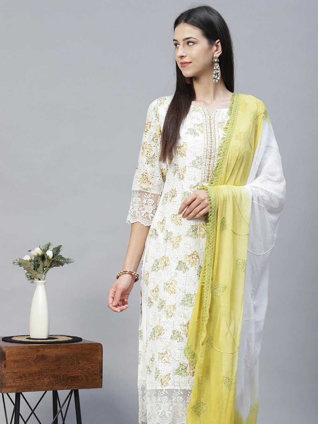 Floral Printed & Embroidered Straight Kurta with Pants & Dupatta - Off White - Indiakreations