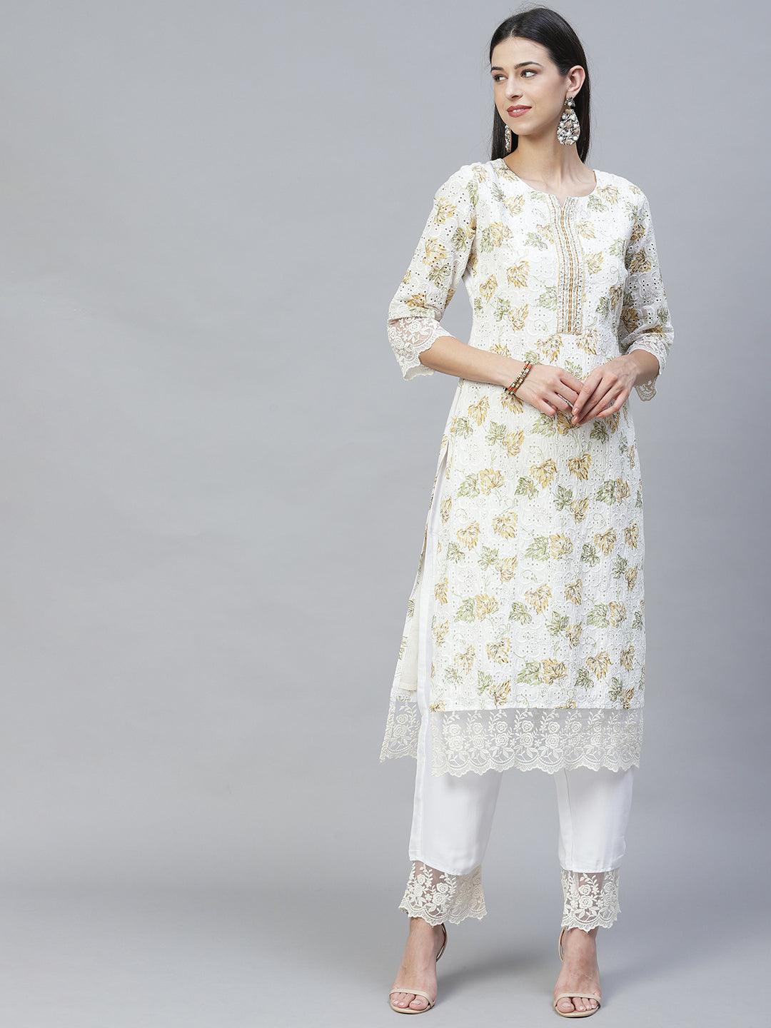 Floral Printed & Embroidered Straight Kurta with Pants & Dupatta - Off White - Indiakreations