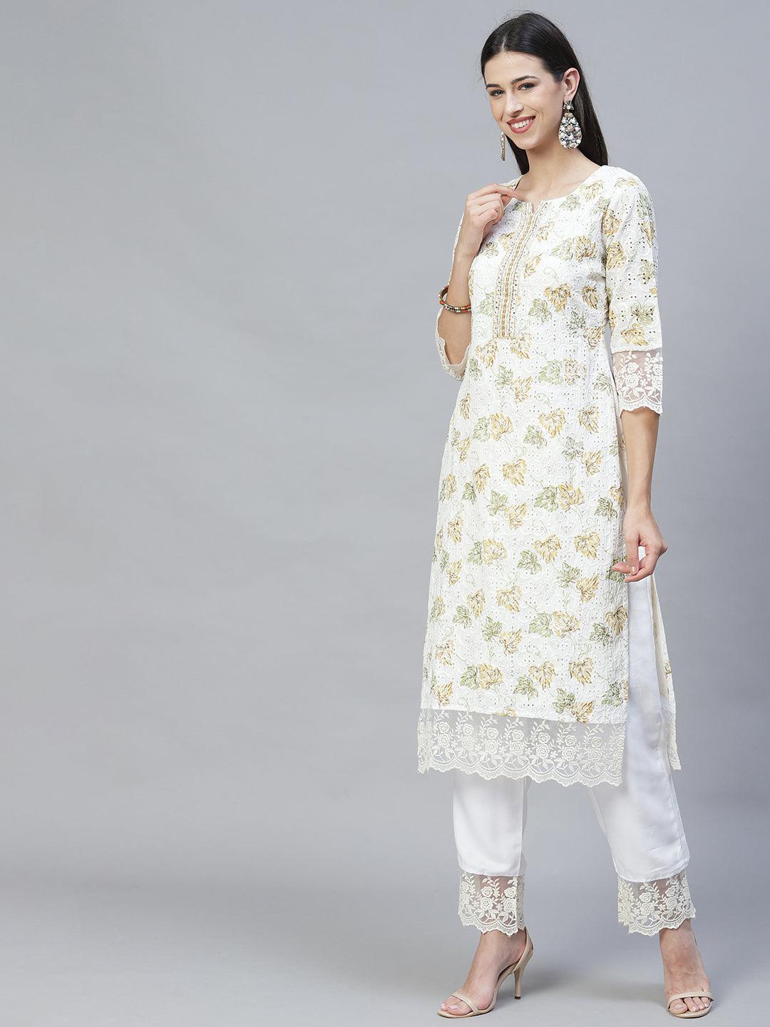 Floral Printed & Embroidered Straight Kurta with Pants & Dupatta - Off White - Indiakreations