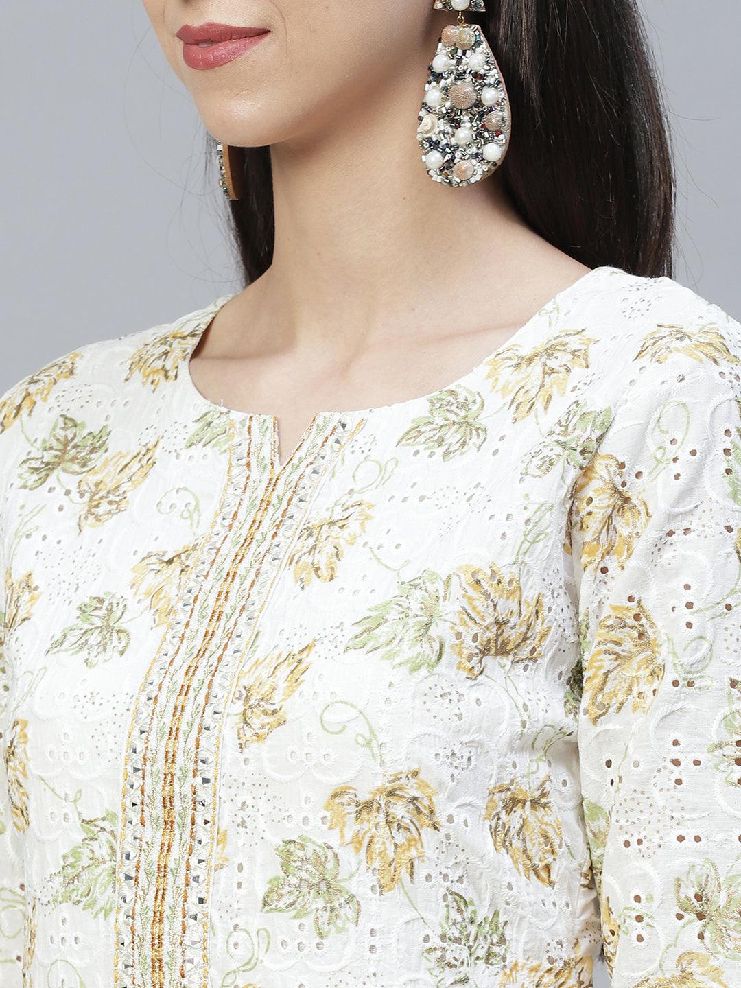 Floral Printed & Embroidered Straight Kurta with Pants & Dupatta - Off White - Indiakreations