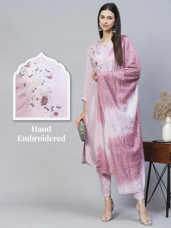 Floral Hand Embroidered Kurta with Pants & Dupatta - Pastel Purple - Indiakreations