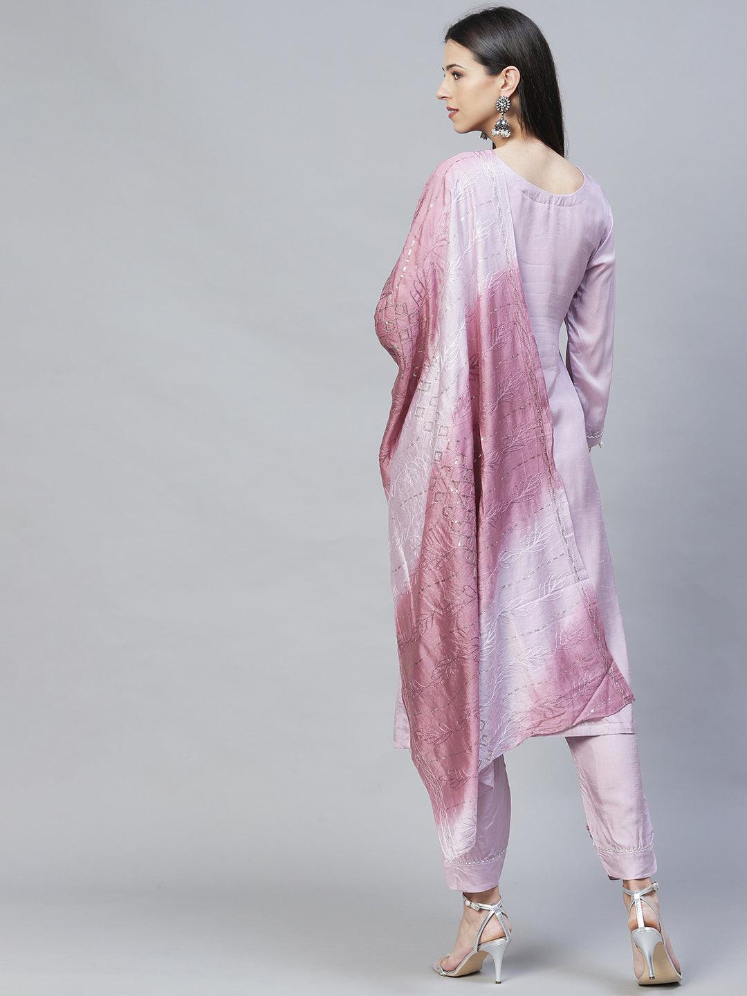 Floral Hand Embroidered Kurta with Pants & Dupatta - Pastel Purple - Indiakreations