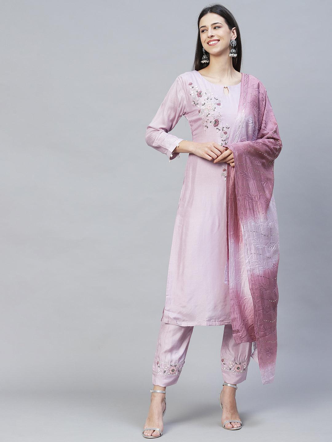 Floral Hand Embroidered Kurta with Pants & Dupatta - Pastel Purple - Indiakreations