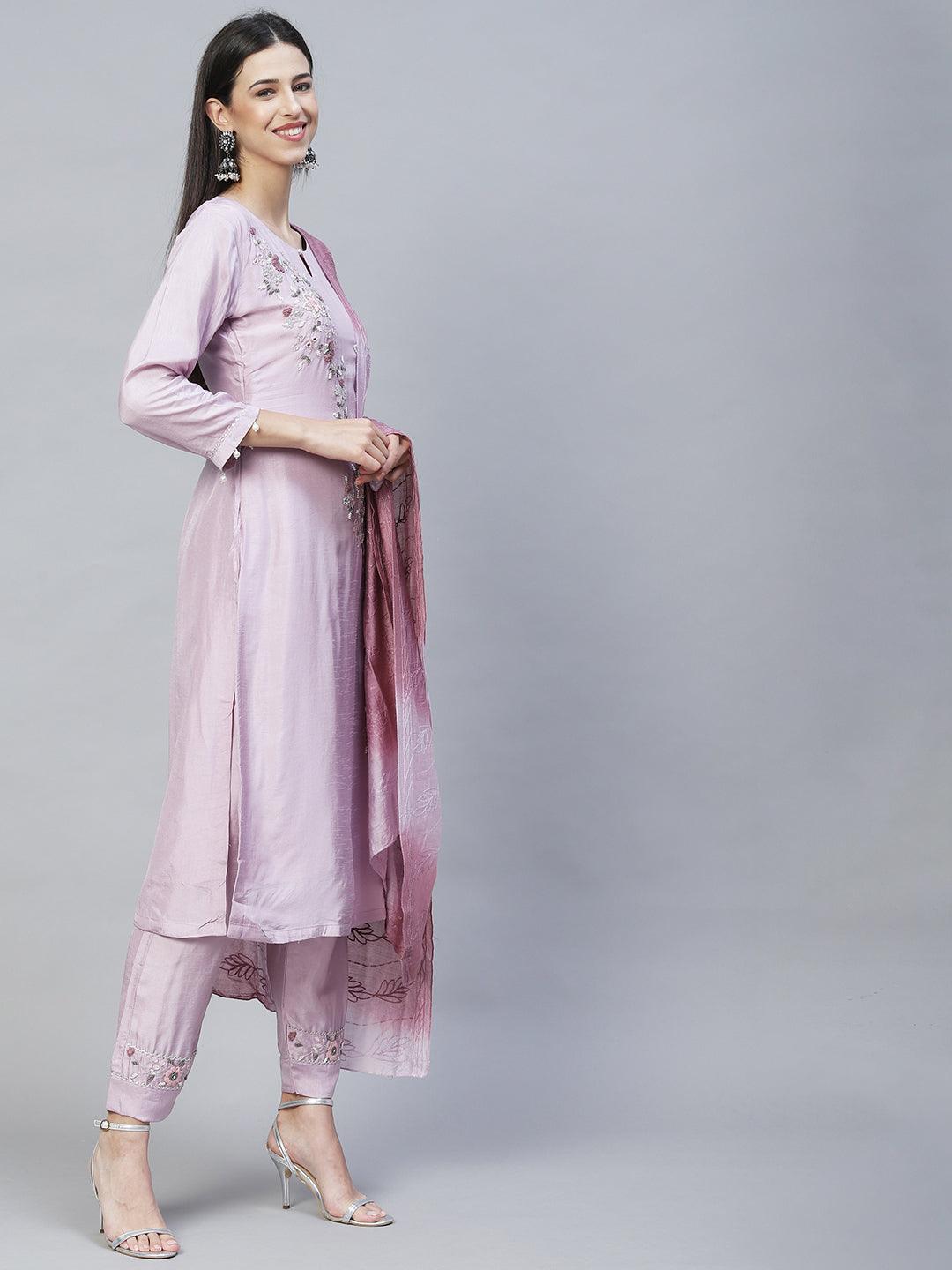 Floral Hand Embroidered Kurta with Pants & Dupatta - Pastel Purple - Indiakreations