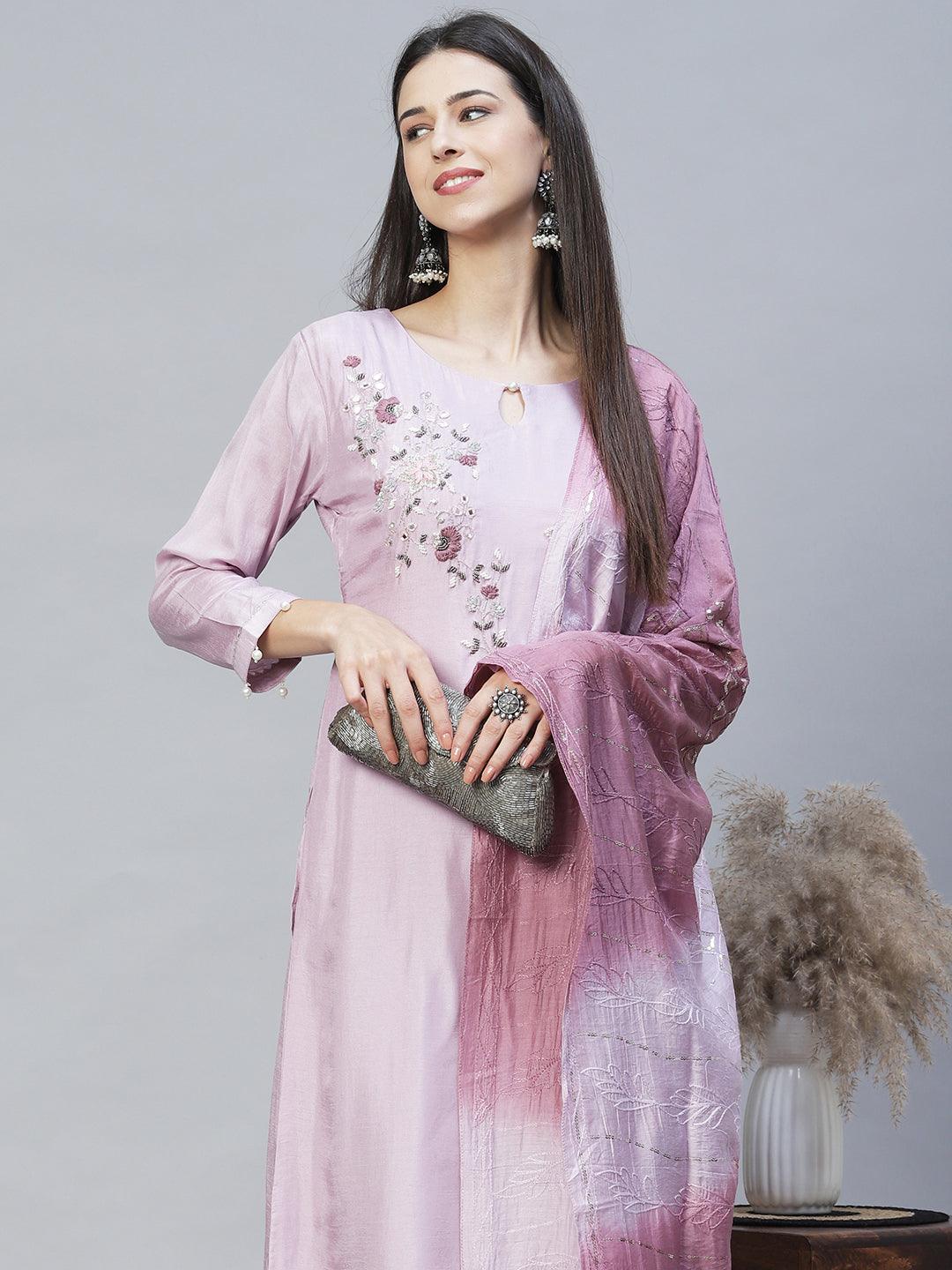 Floral Hand Embroidered Kurta with Pants & Dupatta - Pastel Purple - Indiakreations