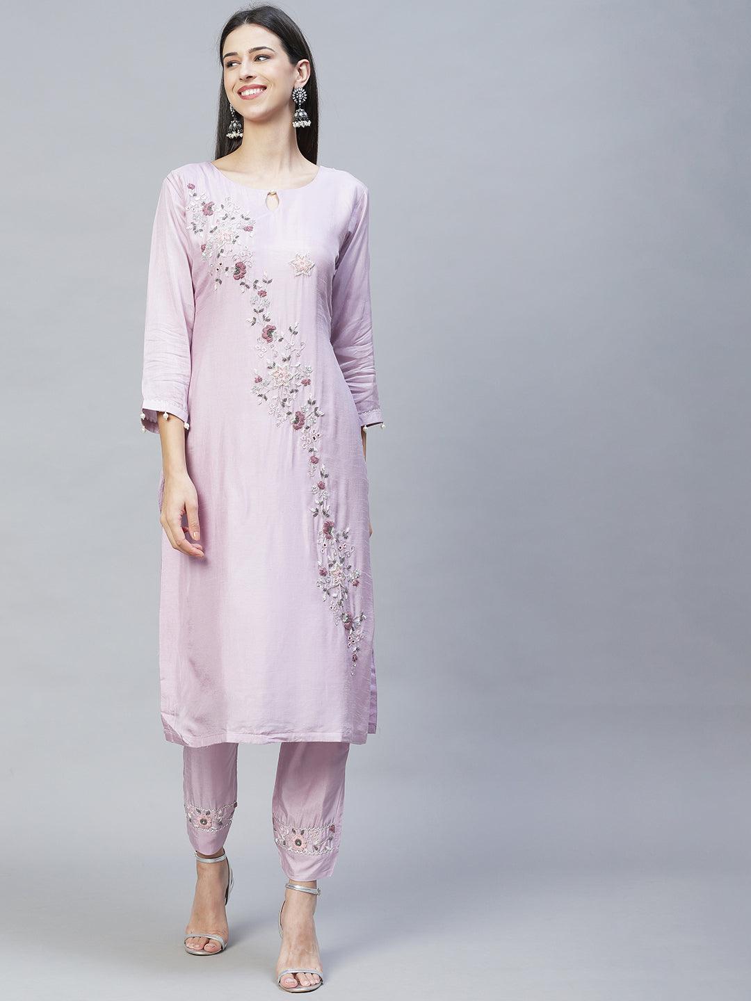 Floral Hand Embroidered Kurta with Pants & Dupatta - Pastel Purple - Indiakreations