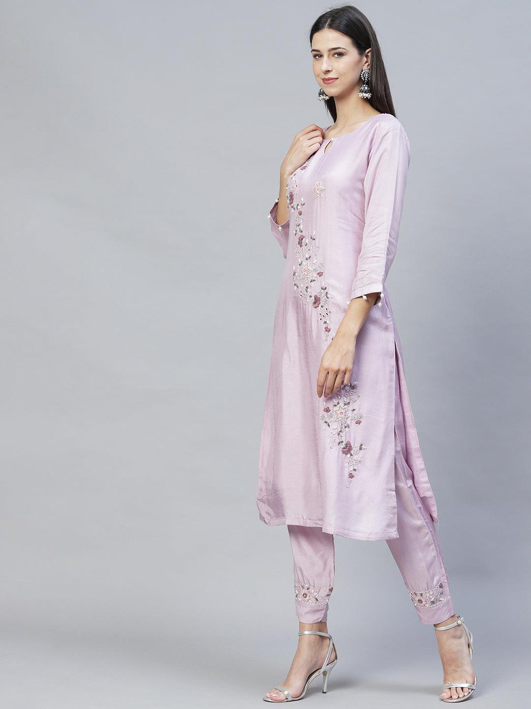 Floral Hand Embroidered Kurta with Pants & Dupatta - Pastel Purple - Indiakreations