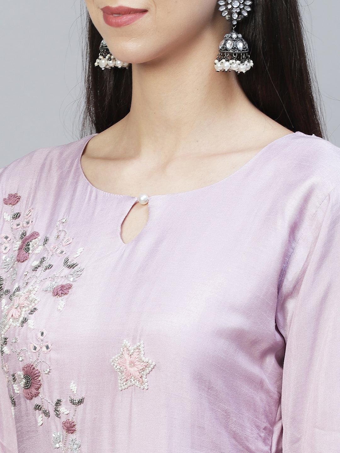 Floral Hand Embroidered Kurta with Pants & Dupatta - Pastel Purple - Indiakreations