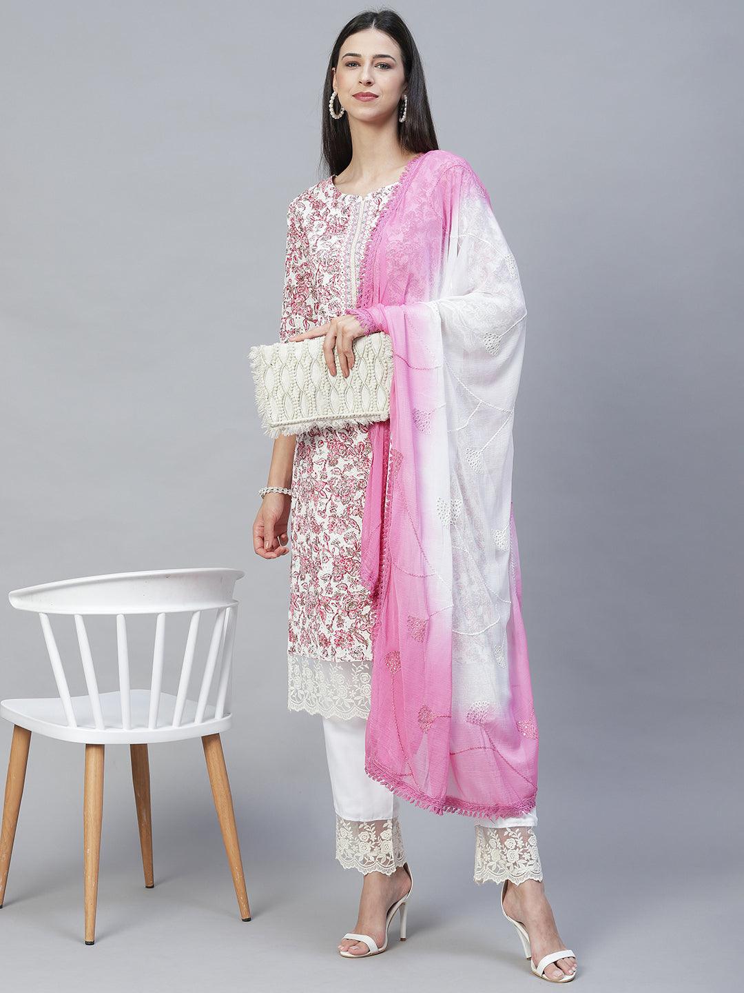 Floral Printed & Embroidered Straight Kurta with Pants & Dupatta - Pink - Indiakreations