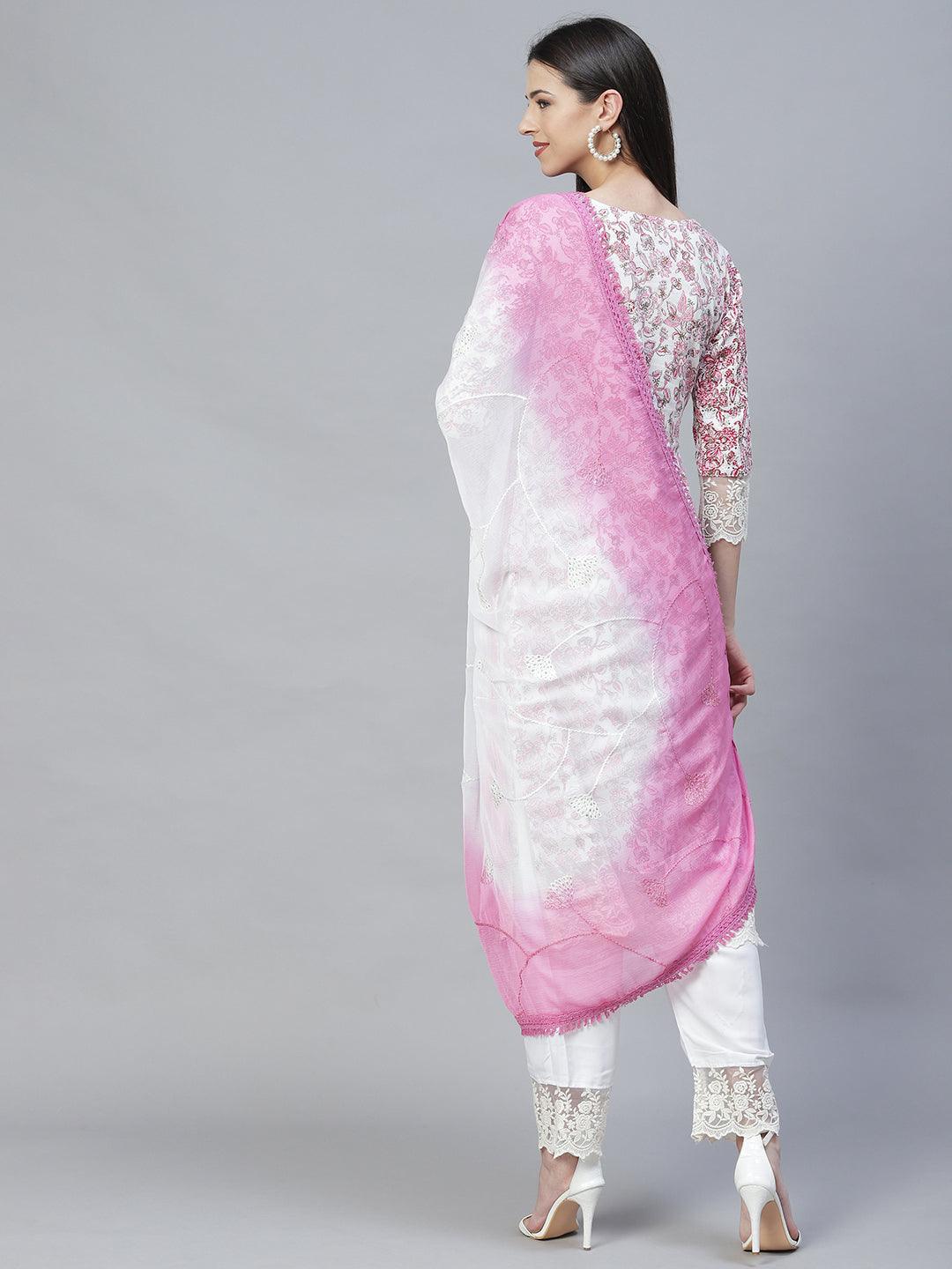 Floral Printed & Embroidered Straight Kurta with Pants & Dupatta - Pink - Indiakreations