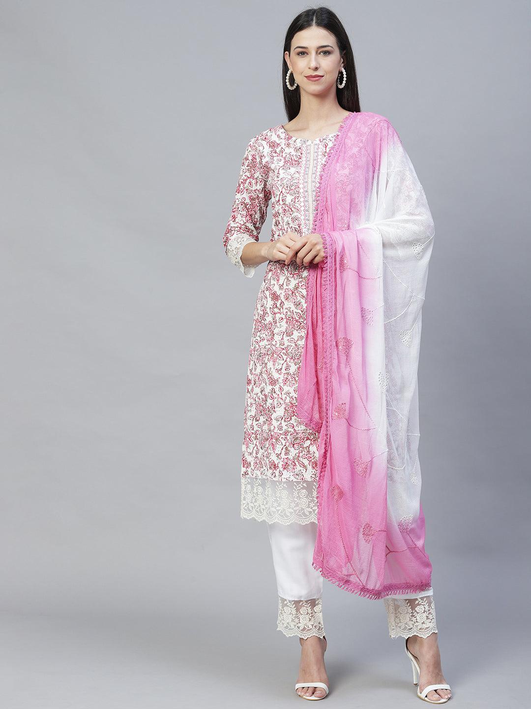 Floral Printed & Embroidered Straight Kurta with Pants & Dupatta - Pink - Indiakreations