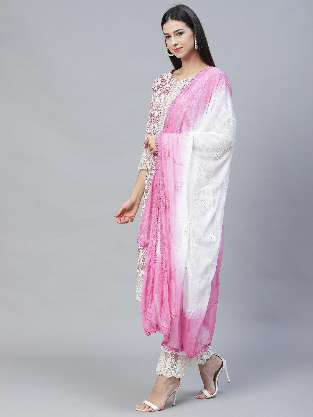 Floral Printed & Embroidered Straight Kurta with Pants & Dupatta - Pink - Indiakreations