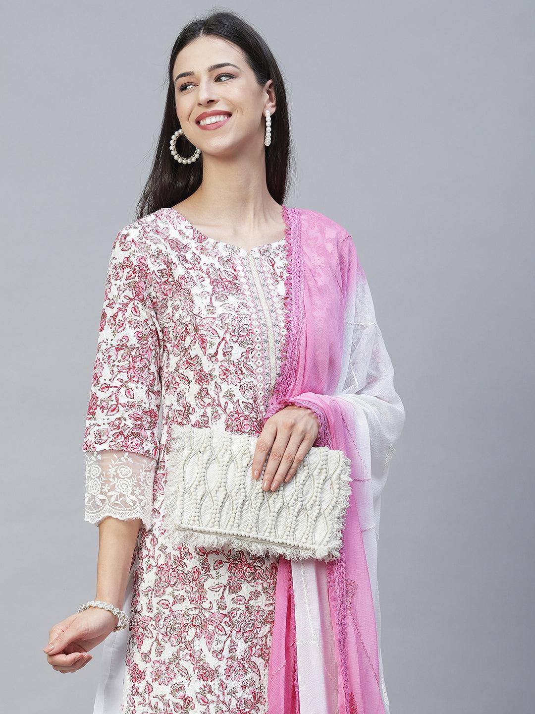 Floral Printed & Embroidered Straight Kurta with Pants & Dupatta - Pink - Indiakreations