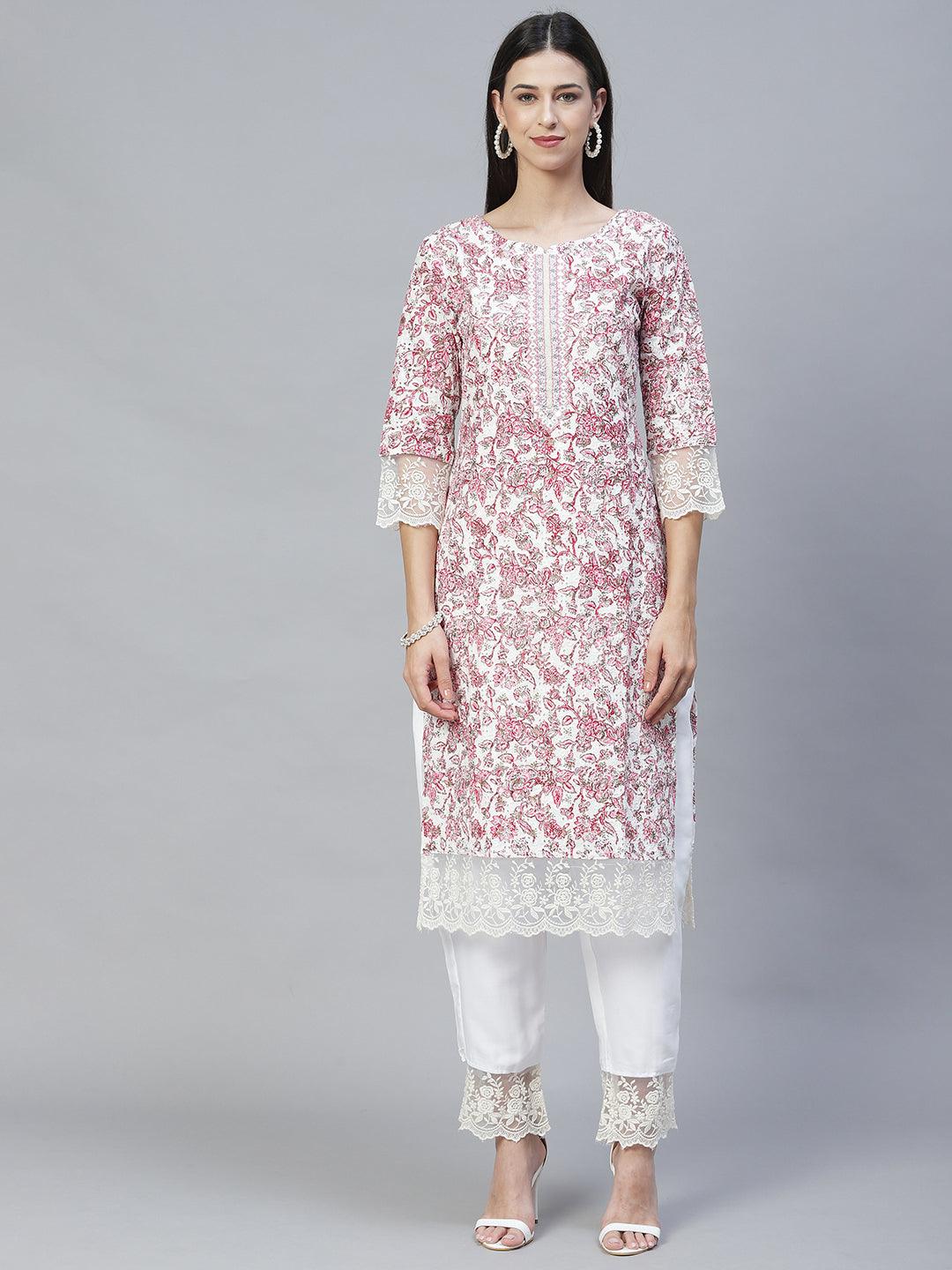 Floral Printed & Embroidered Straight Kurta with Pants & Dupatta - Pink - Indiakreations