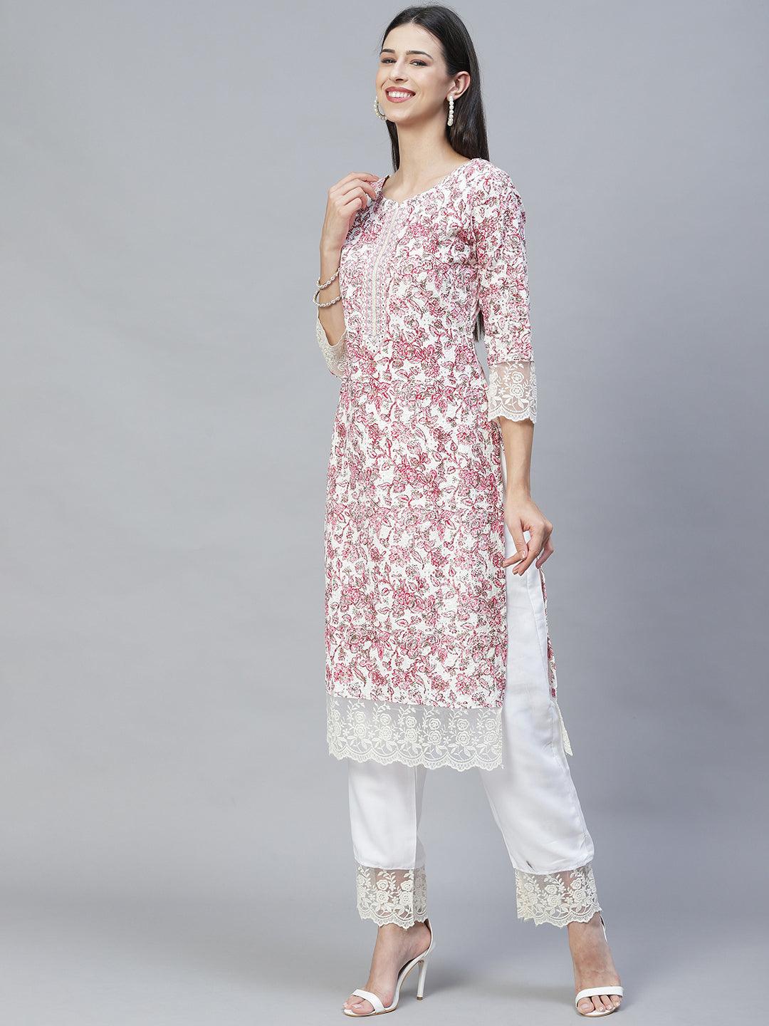 Floral Printed & Embroidered Straight Kurta with Pants & Dupatta - Pink - Indiakreations