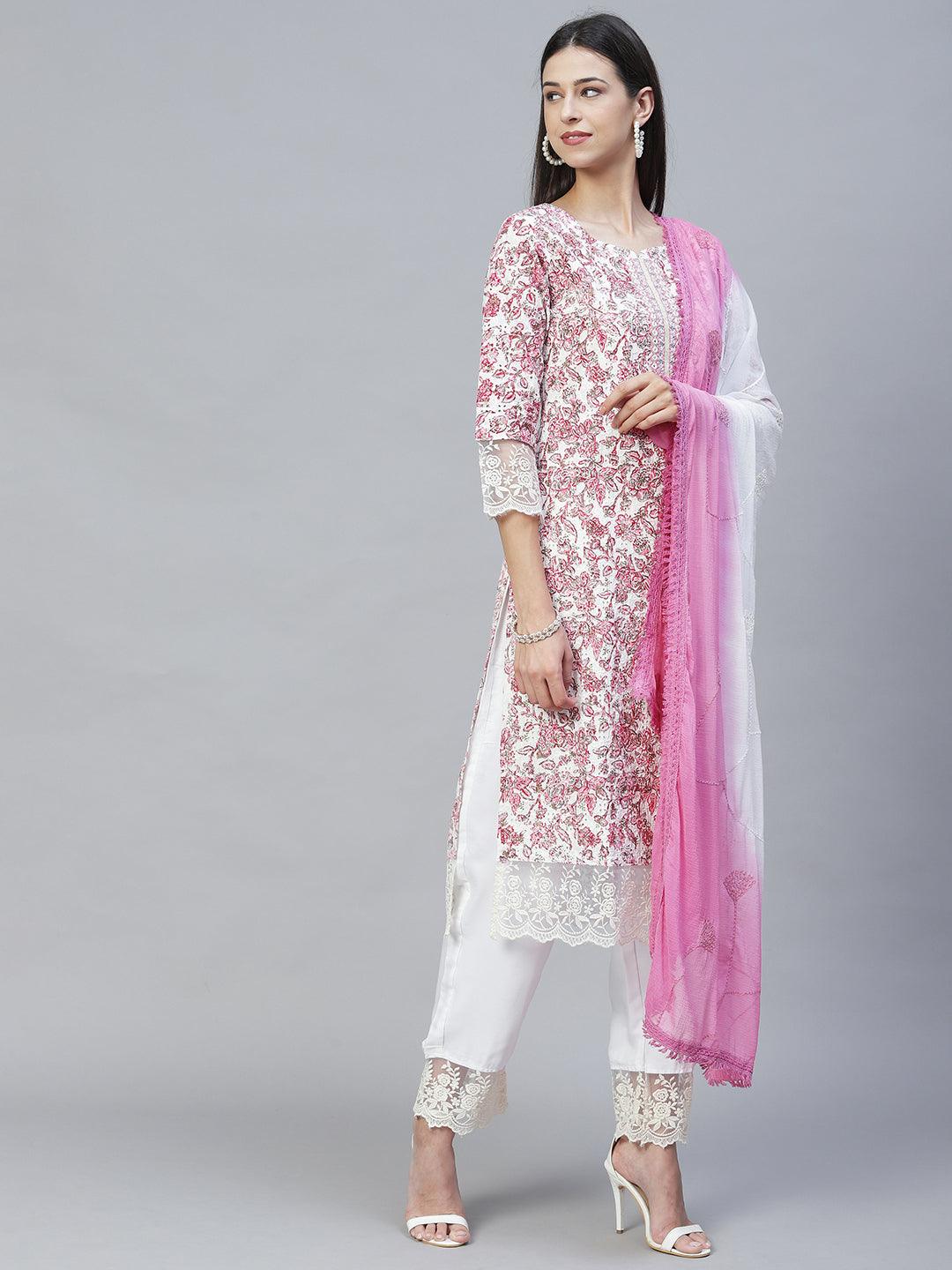 Floral Printed & Embroidered Straight Kurta with Pants & Dupatta - Pink - Indiakreations