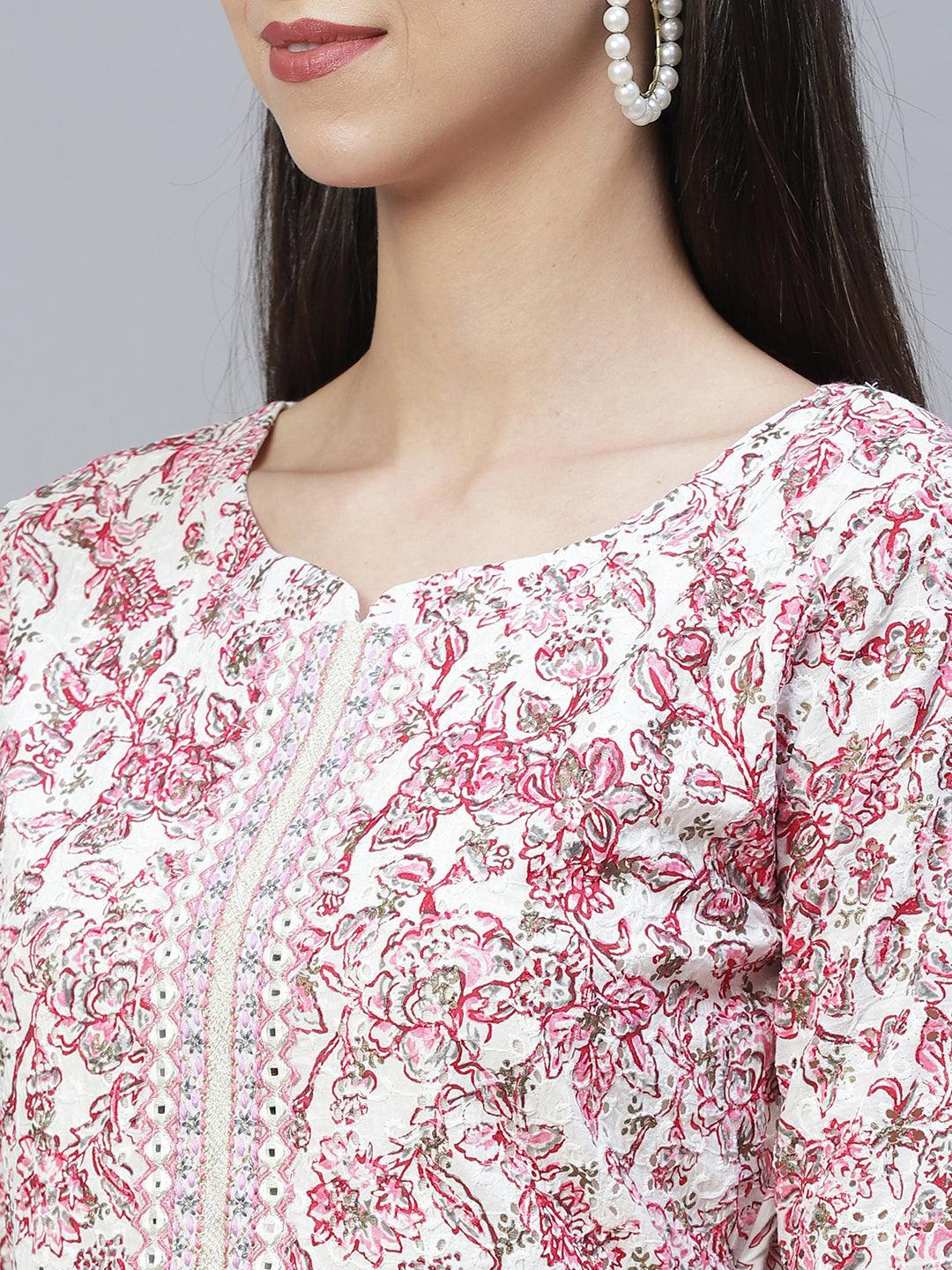 Floral Printed & Embroidered Straight Kurta with Pants & Dupatta - Pink - Indiakreations