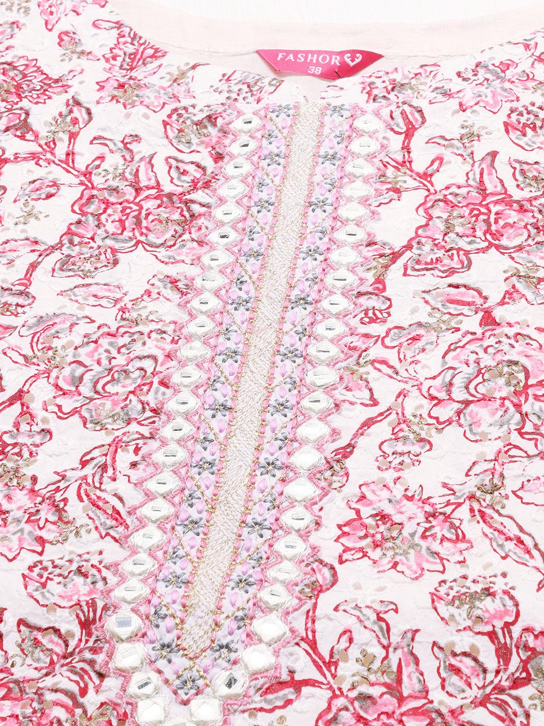 Floral Printed & Embroidered Straight Kurta with Pants & Dupatta - Pink - Indiakreations