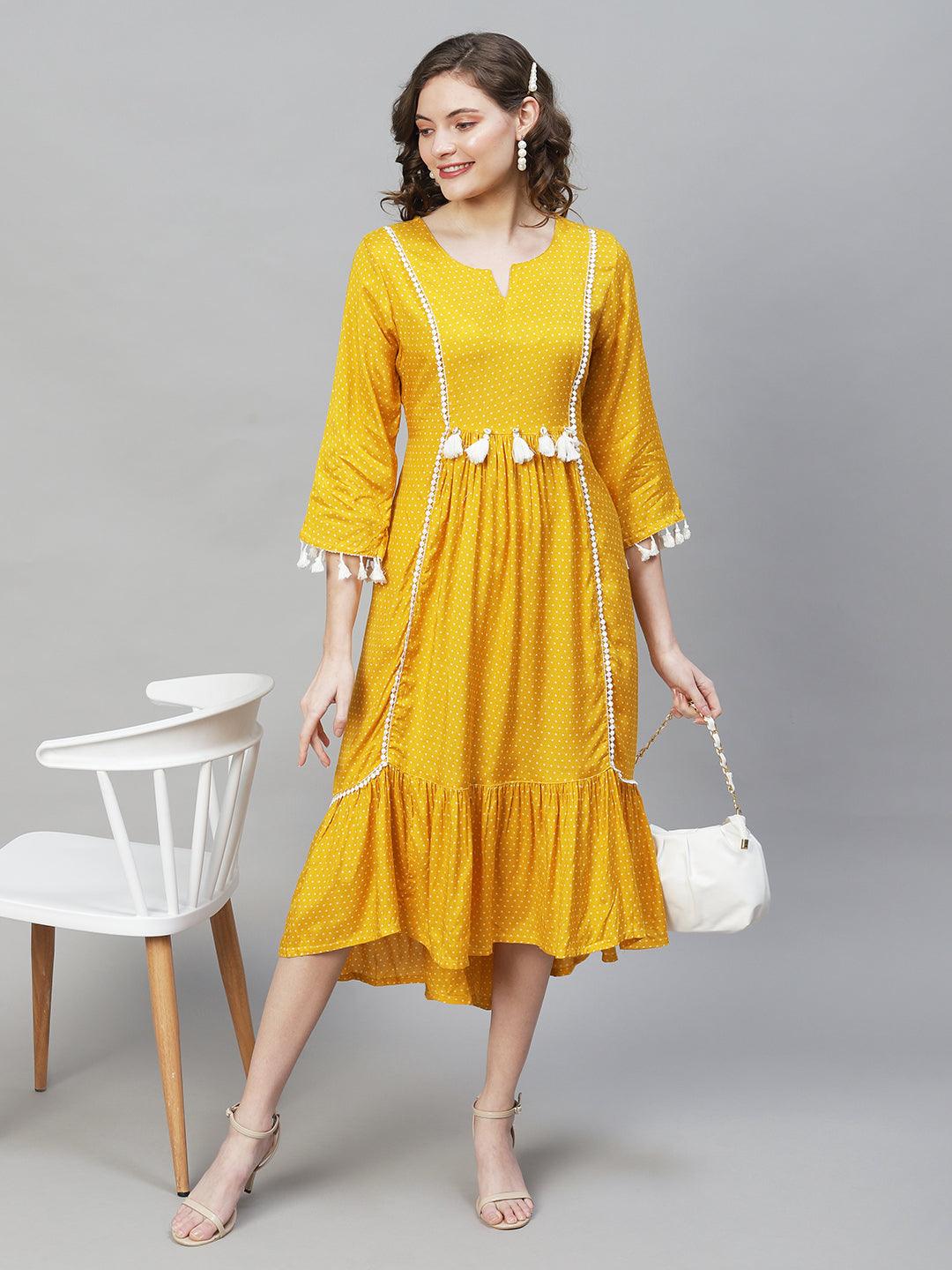 Polka Dot Printed Flared Midi Dress - Mustard - Indiakreations