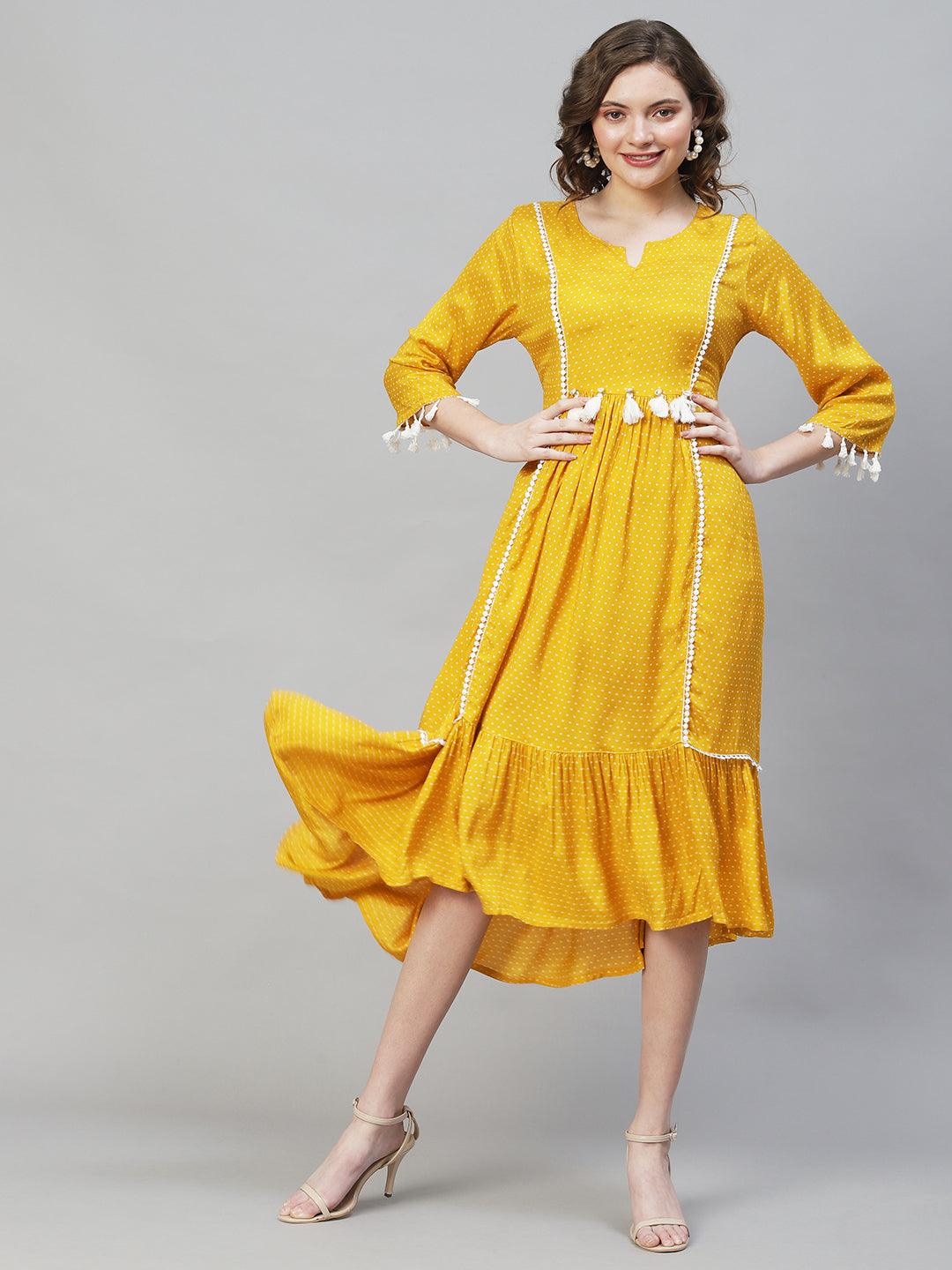 Polka Dot Printed Flared Midi Dress - Mustard - Indiakreations