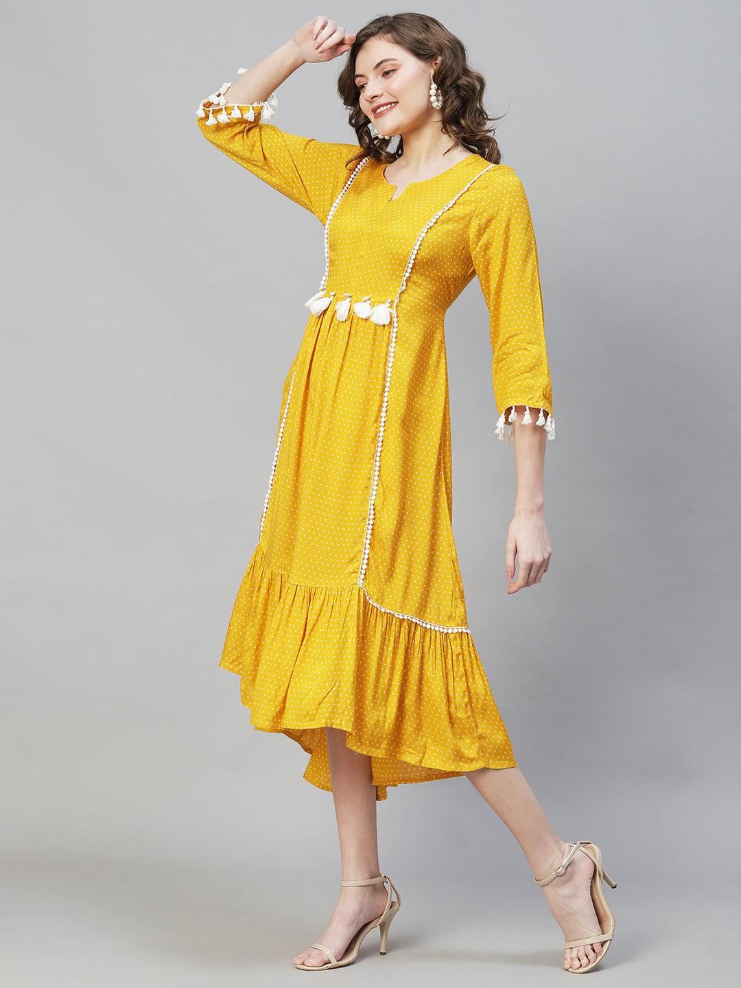 Polka Dot Printed Flared Midi Dress - Mustard - Indiakreations