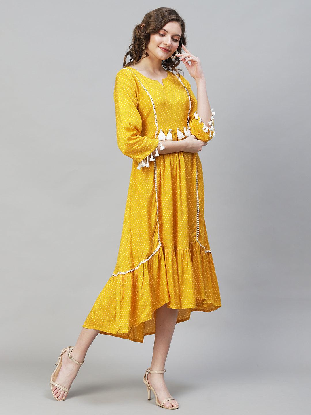 Polka Dot Printed Flared Midi Dress - Mustard - Indiakreations