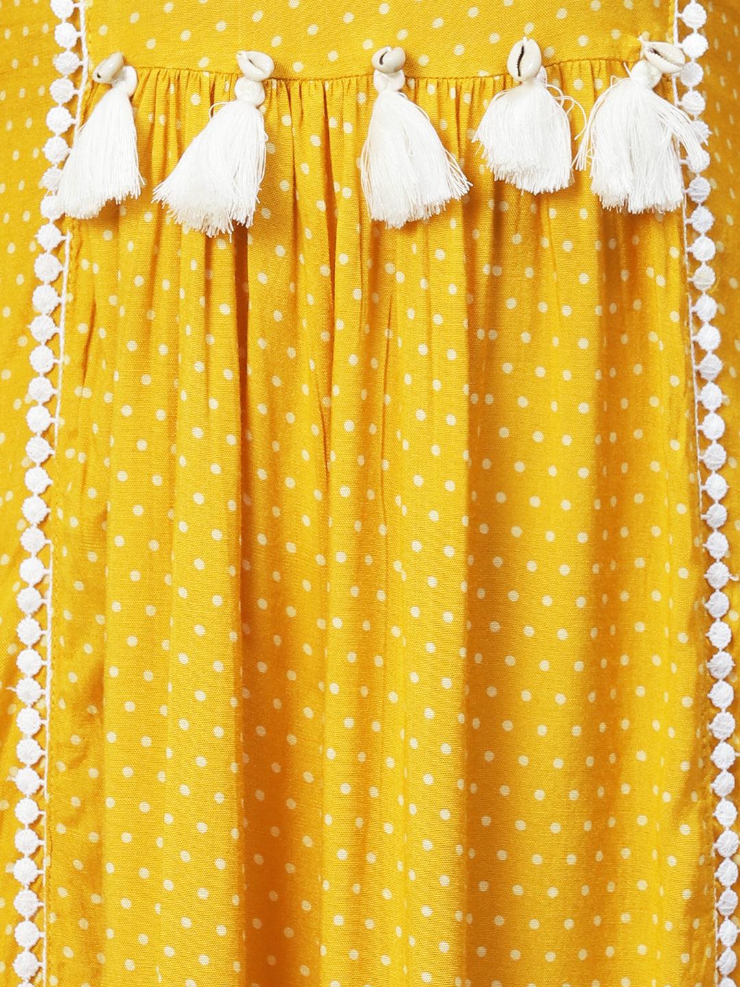 Polka Dot Printed Flared Midi Dress - Mustard - Indiakreations