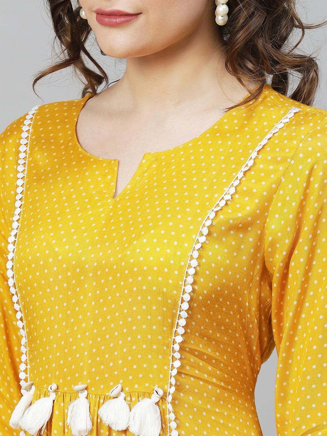 Polka Dot Printed Flared Midi Dress - Mustard - Indiakreations