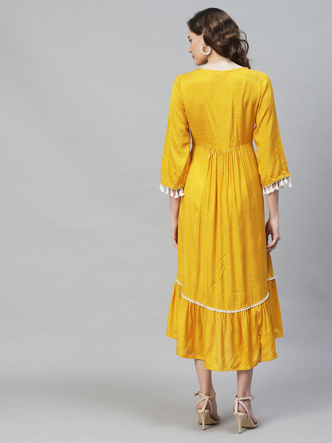 Polka Dot Printed Flared Midi Dress - Mustard - Indiakreations