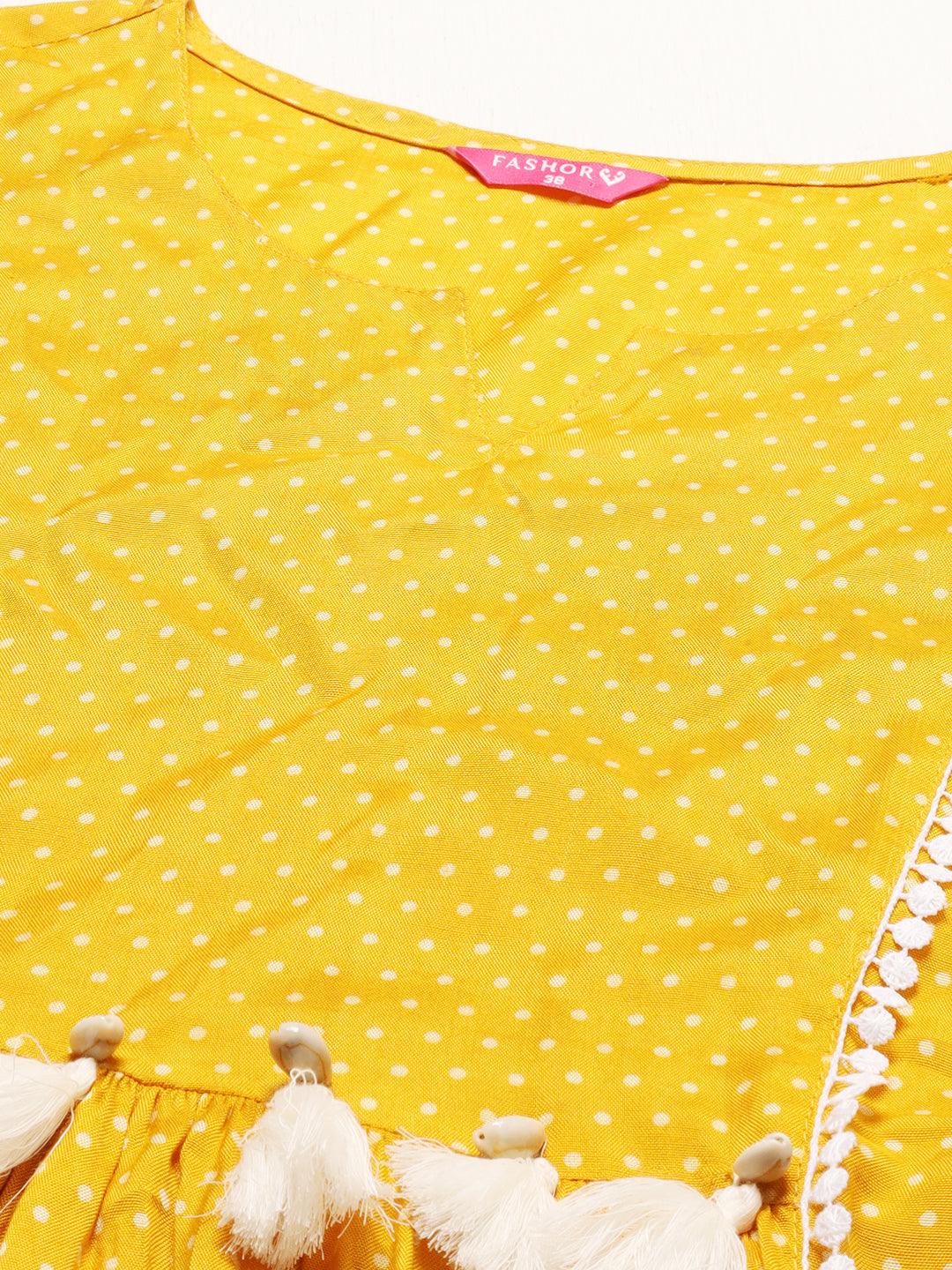 Polka Dot Printed Flared Midi Dress - Mustard - Indiakreations