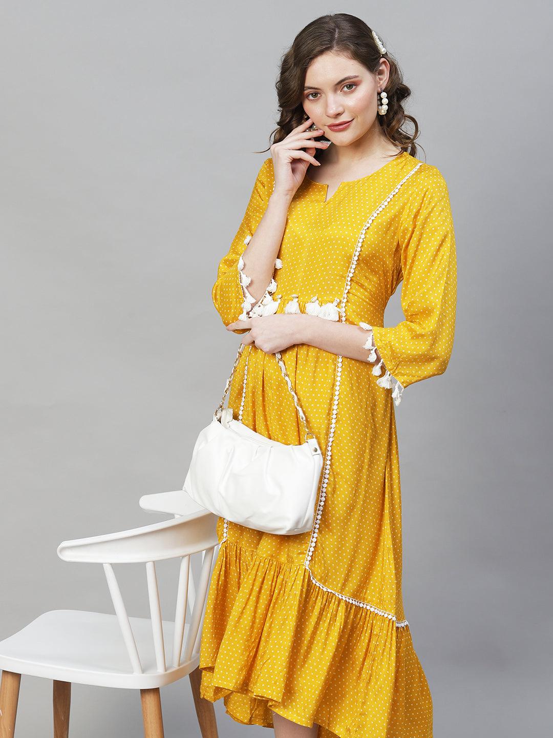 Polka Dot Printed Flared Midi Dress - Mustard - Indiakreations