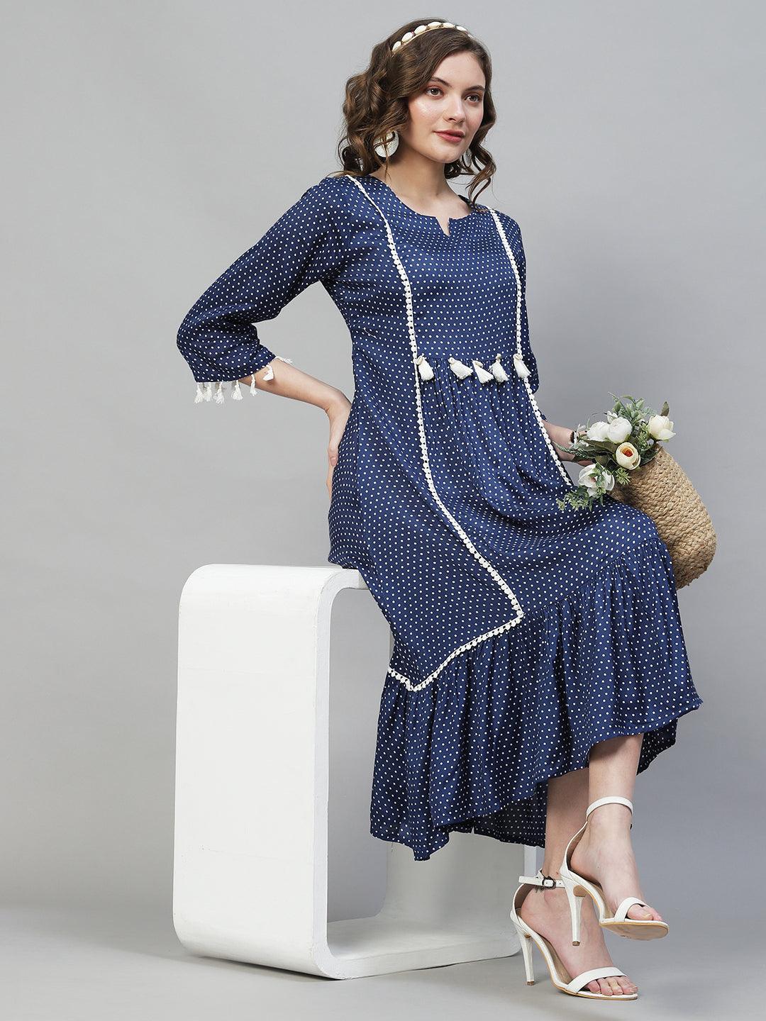 Polka Dot Printed Flared Midi Dress - Dark Blue - Indiakreations