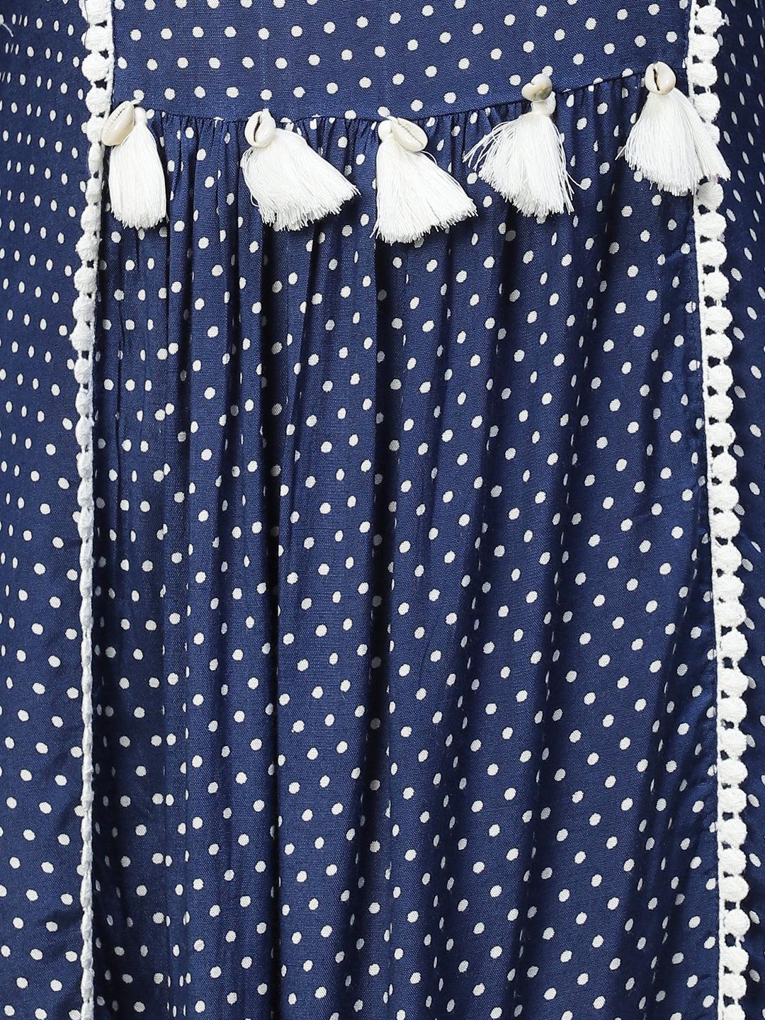 Polka Dot Printed Flared Midi Dress - Dark Blue - Indiakreations