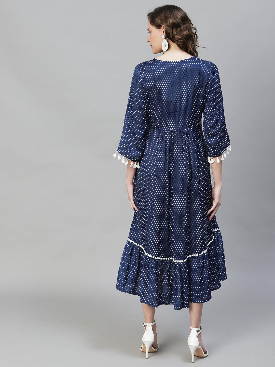 Polka Dot Printed Flared Midi Dress - Dark Blue - Indiakreations