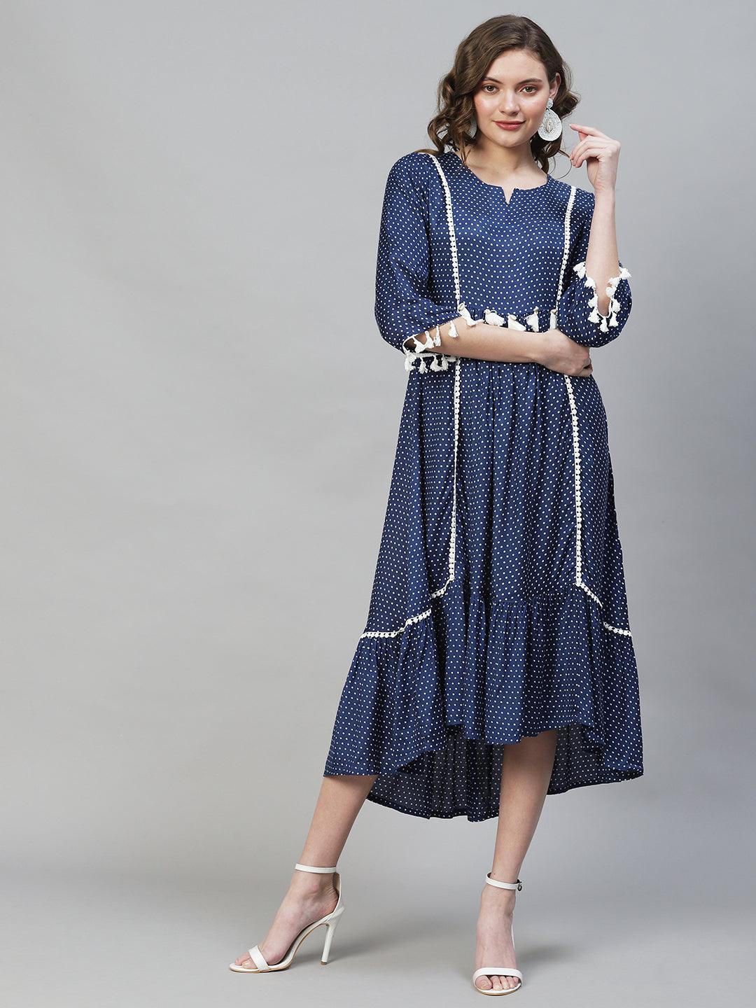 Polka Dot Printed Flared Midi Dress - Dark Blue - Indiakreations