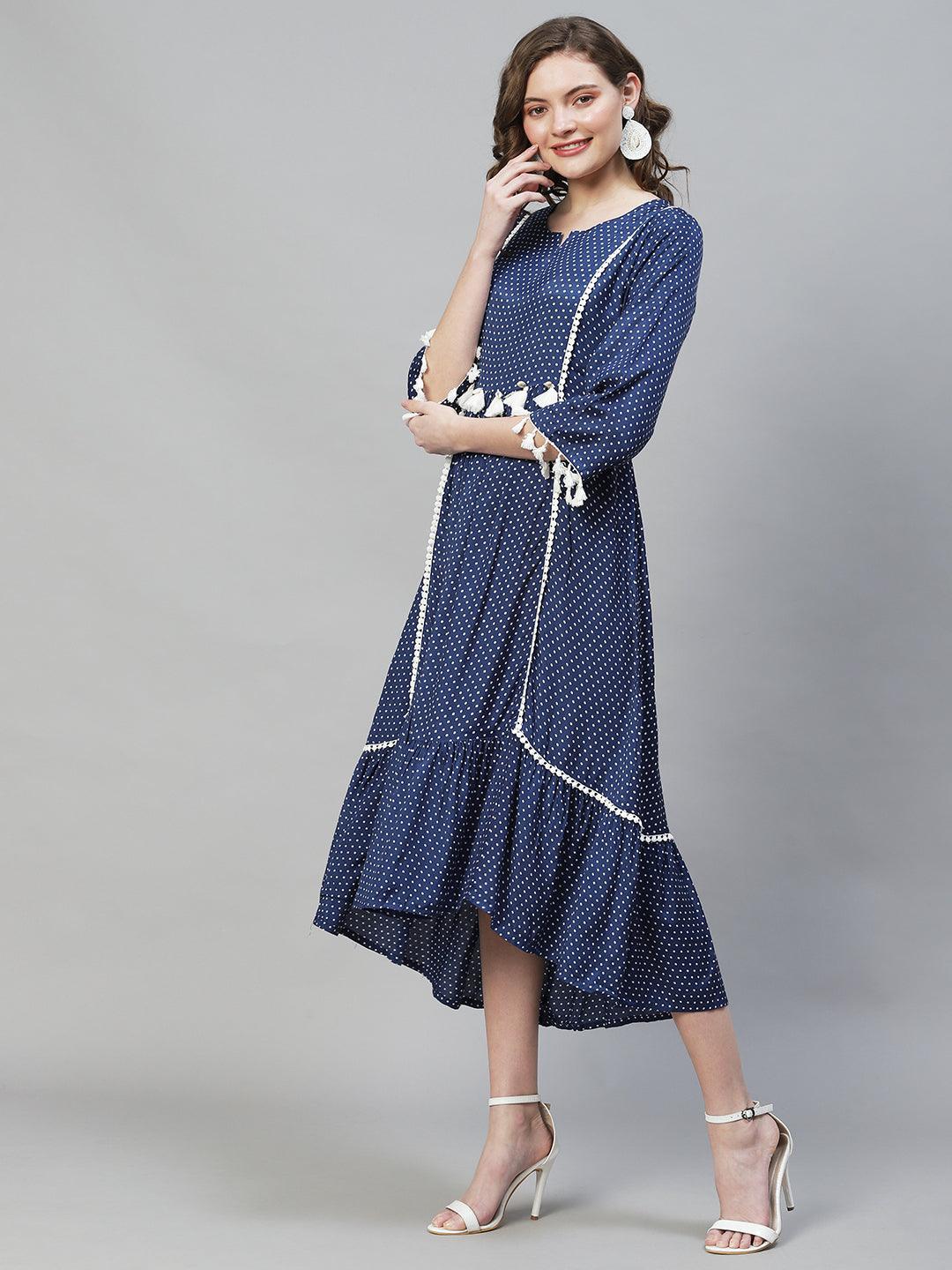 Polka Dot Printed Flared Midi Dress - Dark Blue - Indiakreations