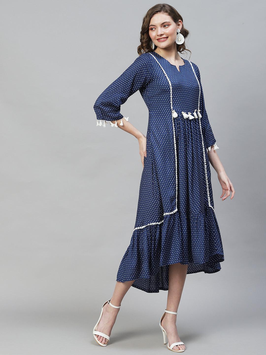 Polka Dot Printed Flared Midi Dress - Dark Blue - Indiakreations