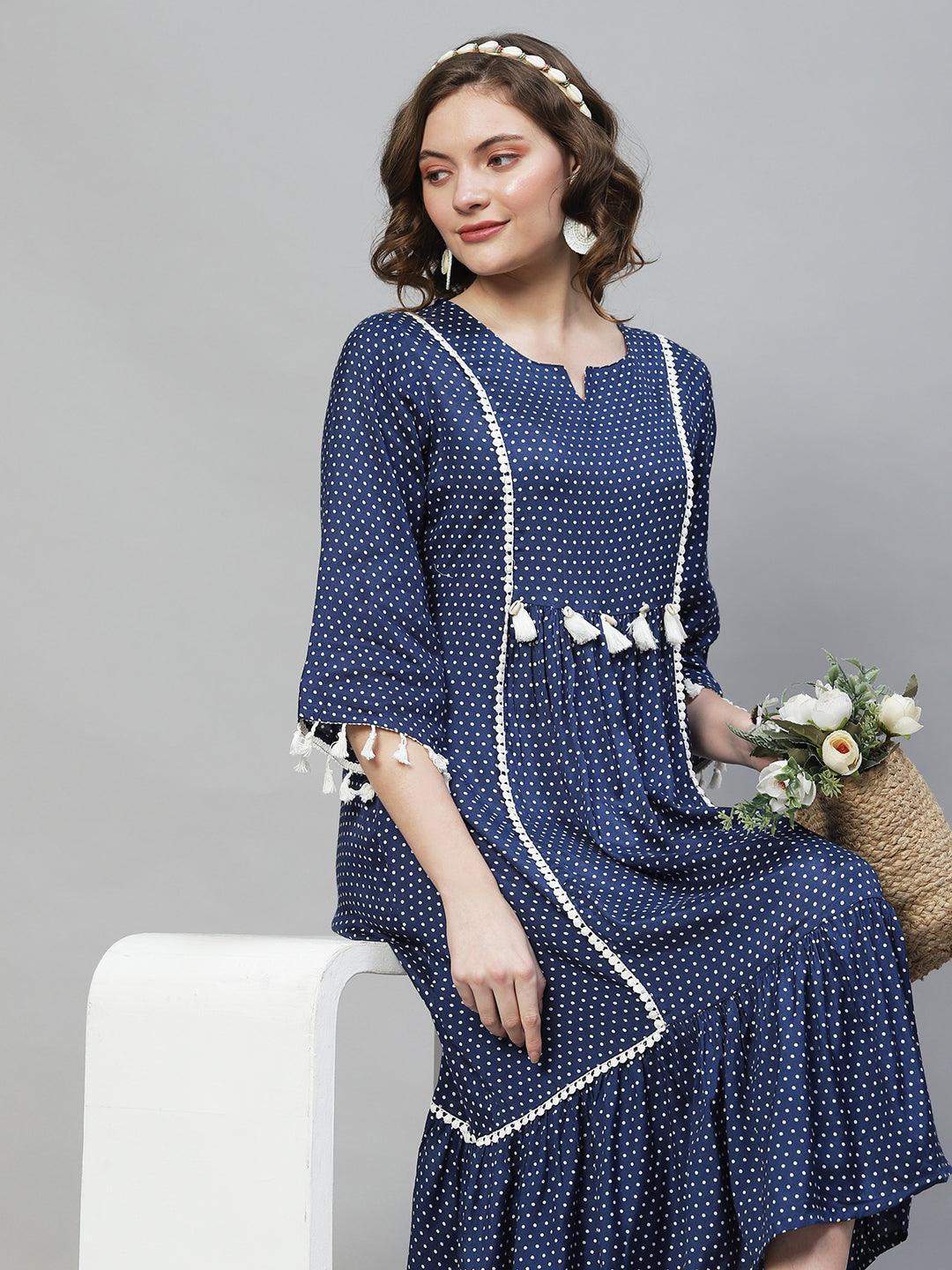 Polka Dot Printed Flared Midi Dress - Dark Blue - Indiakreations