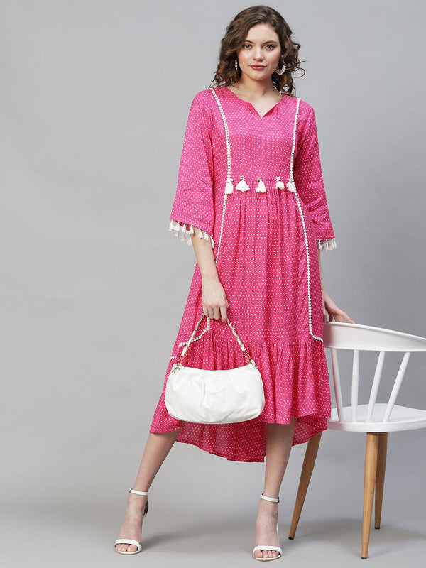 Polka Dot Printed Flared Midi Dress - Hot Pink - Indiakreations