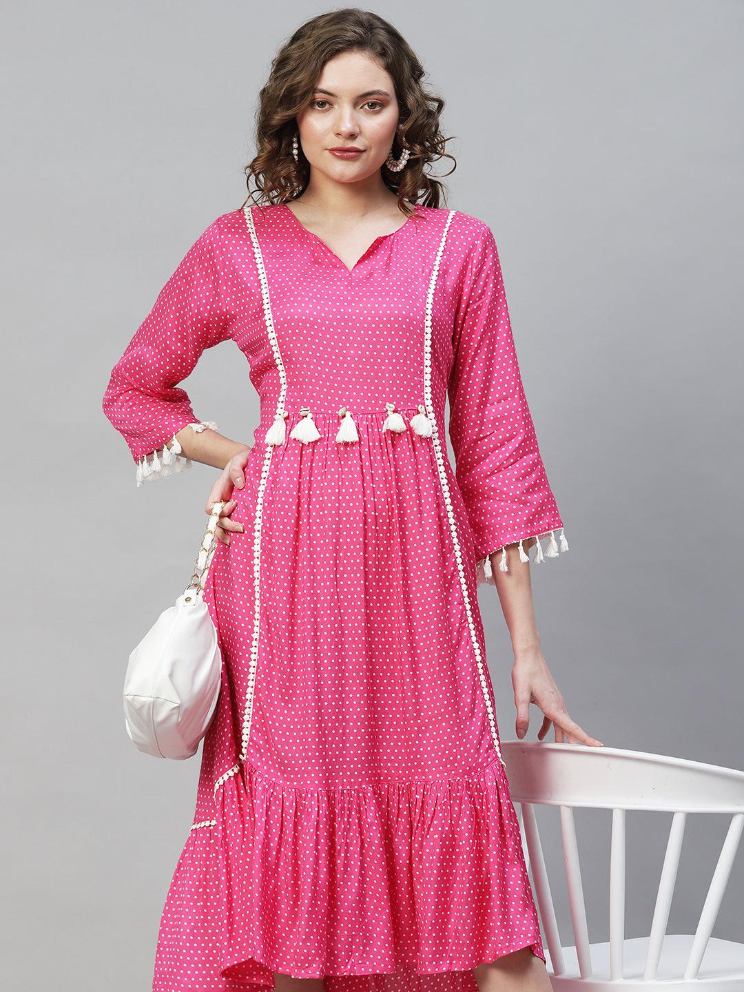 Polka Dot Printed Flared Midi Dress - Hot Pink - Indiakreations