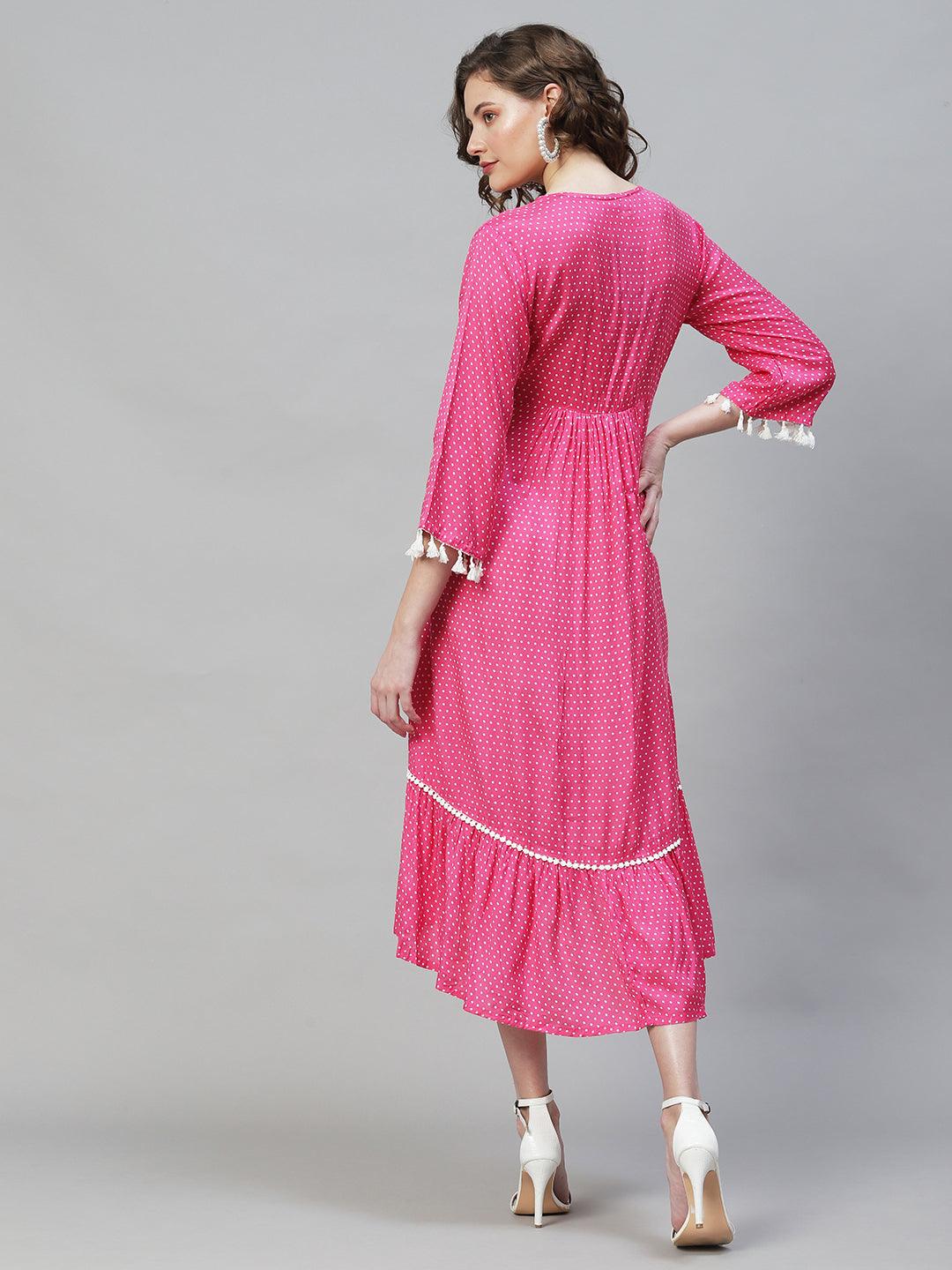 Polka Dot Printed Flared Midi Dress - Hot Pink - Indiakreations