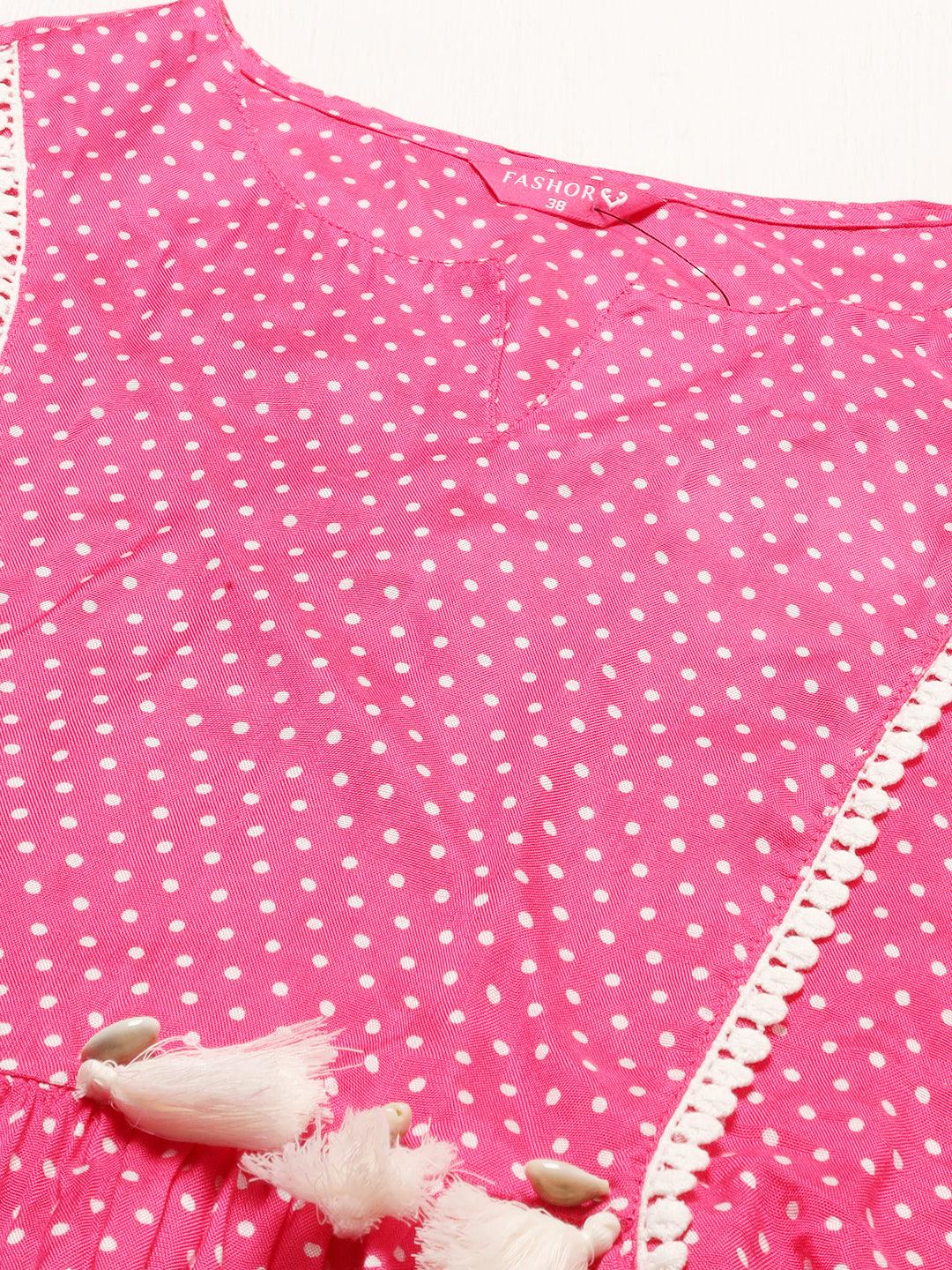 Polka Dot Printed Flared Midi Dress - Hot Pink - Indiakreations