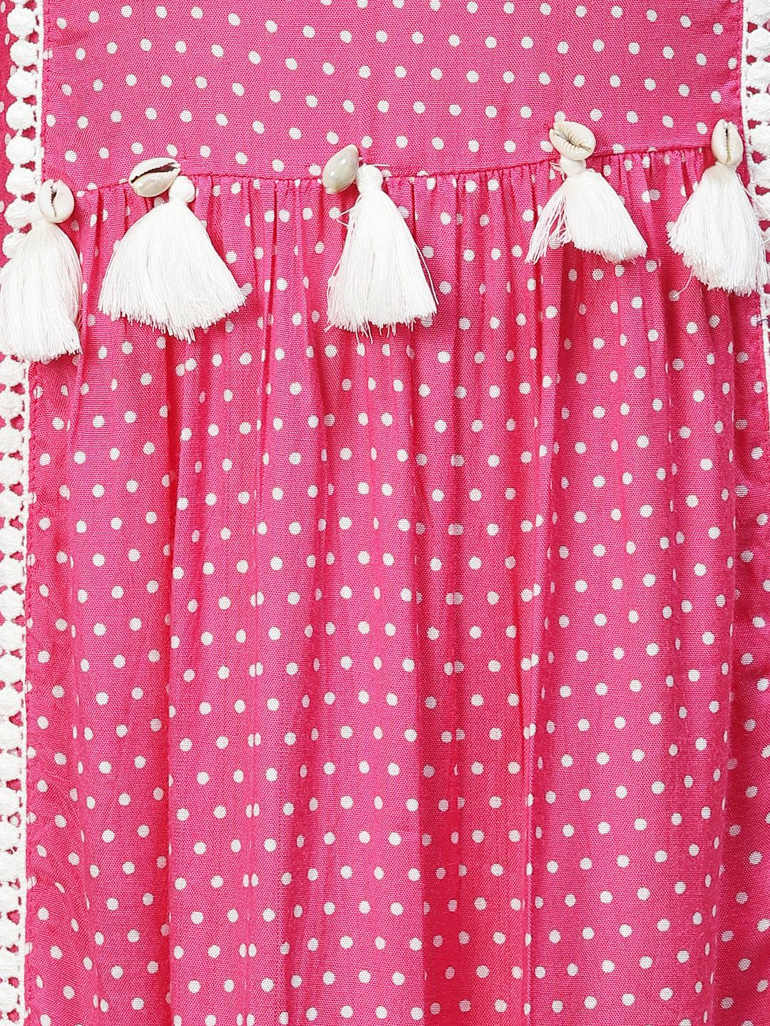 Polka Dot Printed Flared Midi Dress - Hot Pink - Indiakreations