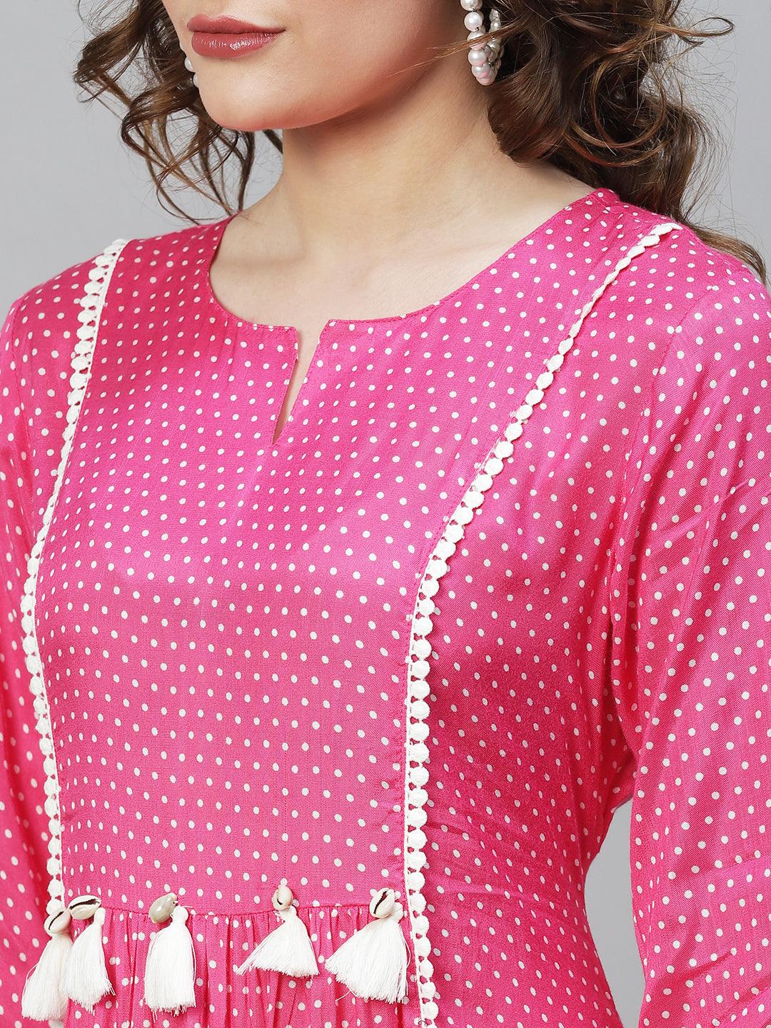 Polka Dot Printed Flared Midi Dress - Hot Pink - Indiakreations