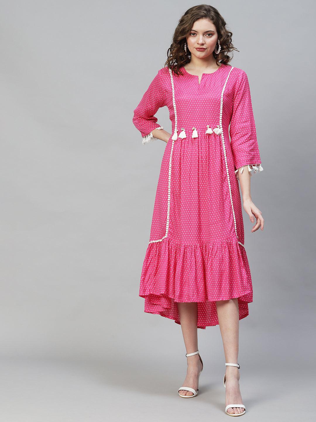 Polka Dot Printed Flared Midi Dress - Hot Pink - Indiakreations