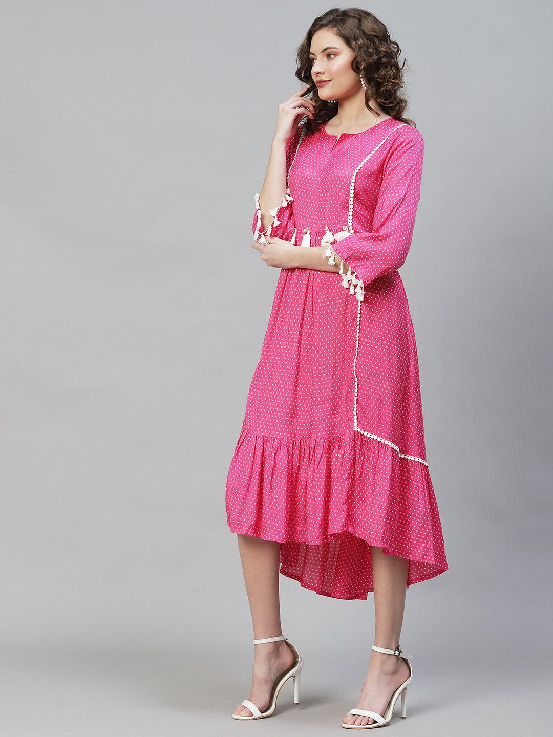 Polka Dot Printed Flared Midi Dress - Hot Pink - Indiakreations